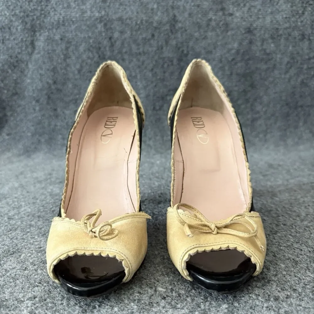 Red Valentino Peep Toe Pumps Patent Leather Black Beige Scalloped Bow Heels 37
